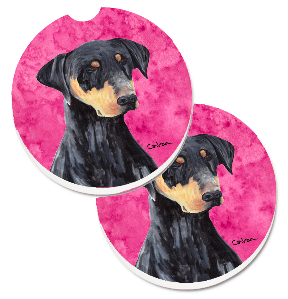 Pink Doberman Set of 2 Cup Holder Car Coaster