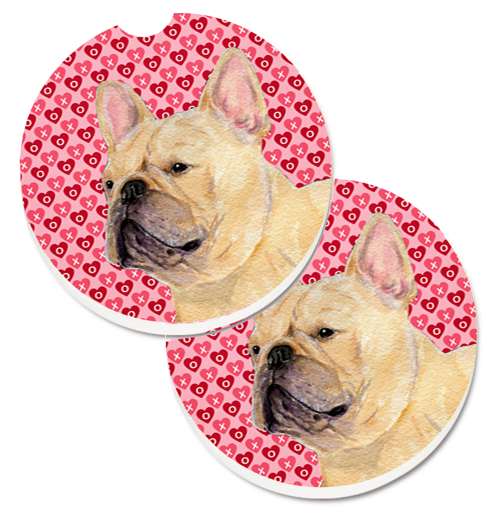 French Bulldog Hearts Love & Valentines Day Portrait Set of 2 Cup Holder Car Coaster