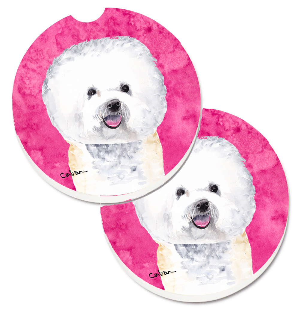 Pink Bichon Frise Set of 2 Cup Holder Car Coaster
