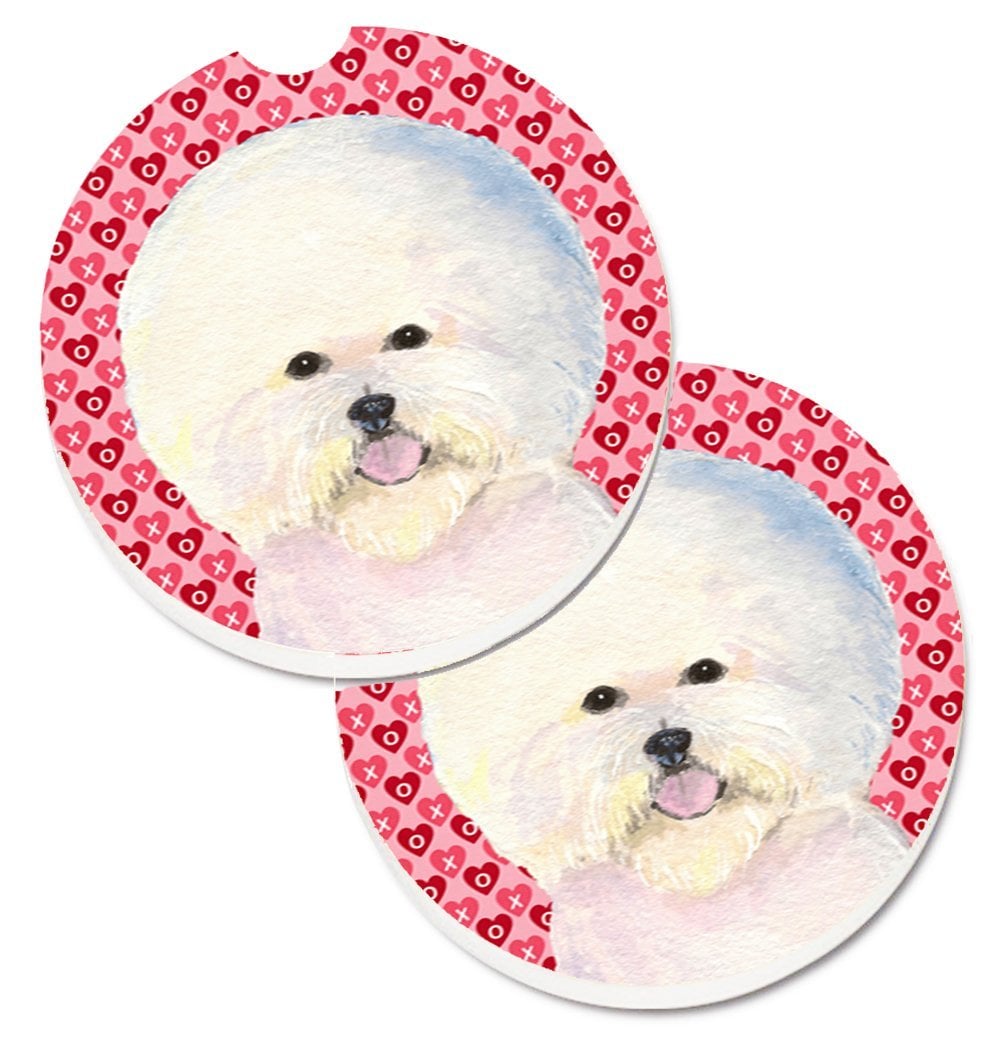 SS4526CARC Bichon Frise Hearts Love & Valentines Day Portrait Set of 2 Cup Holder Car Coaster