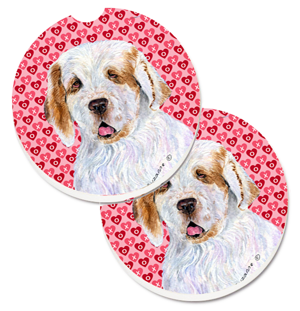 SS4500CARC Clumber Spaniel Hearts Love & Valentines Day Portrait Set of 2 Cup Holder Car Coaster