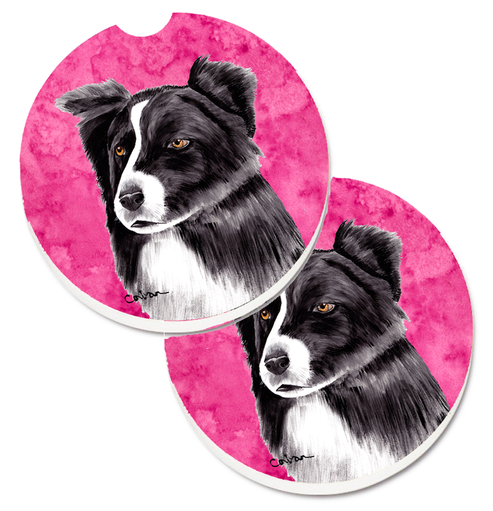 Pink Border Collie Set of 2 Cup Holder Car Coaster