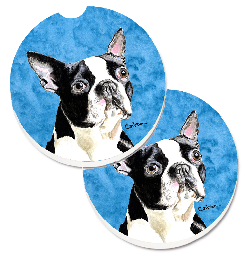 Blue Boston Terrier Set of 2 Cup Holder Car Coaster