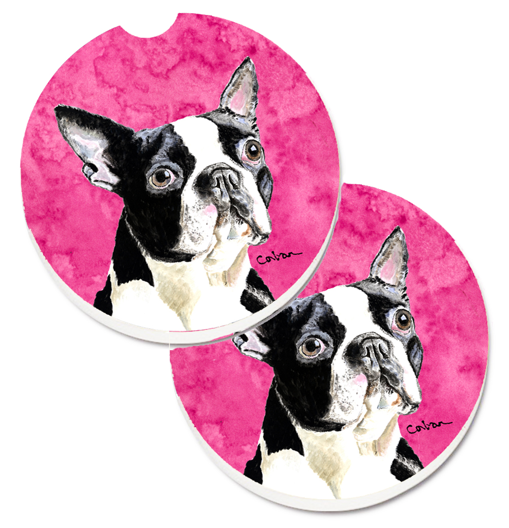 SC9140PKCARC Pink Boston Terrier Set of 2 Cup Holder Car Coaster
