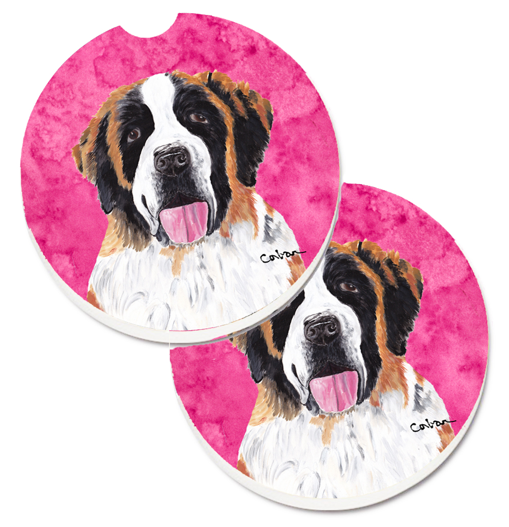 Pink Saint Bernard Set of 2 Cup Holder Car Coaster - Pink