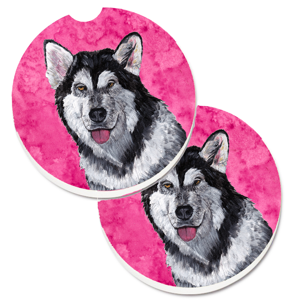 Pink Alaskan Malamute Set of 2 Cup Holder Car Coaster