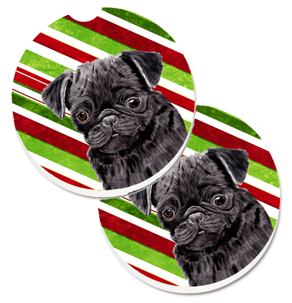 SC9326CARC Pug Candy Cane Holiday Christmas Set of 2 Cup Holder Car Coaster