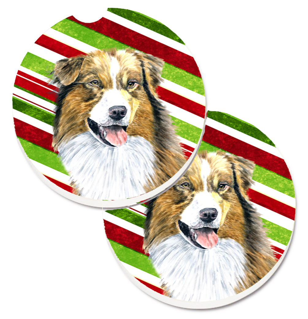 SC9357CARC Australian Shepherd Candy Cane Holiday Christmas Set of 2 Cup Holder Car Coaster