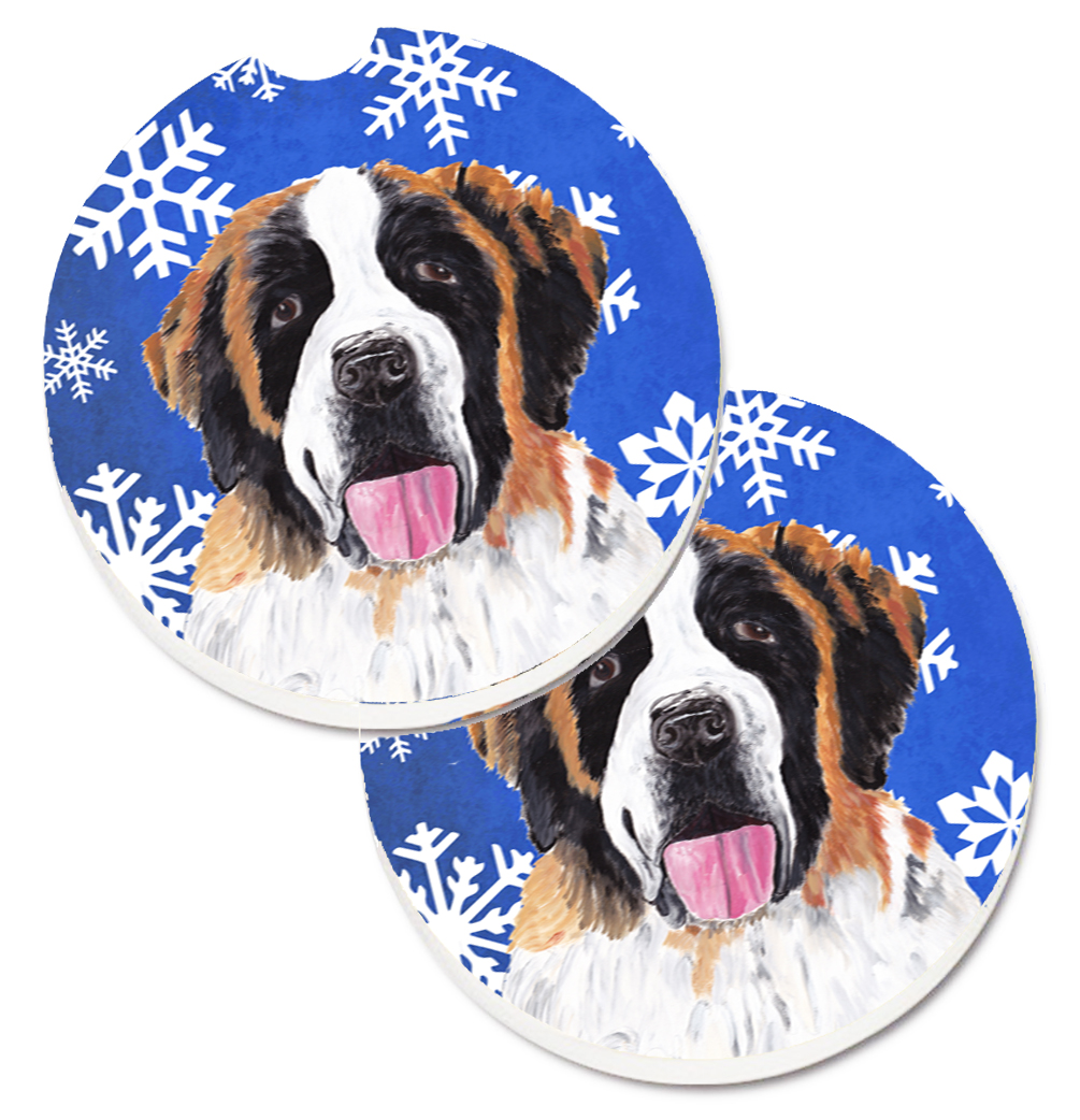 Picture of Carolines Treasures SC9382CARC Saint Bernard Winter Snowflakes Holiday Set of 2 Cup Holder Car Coaster