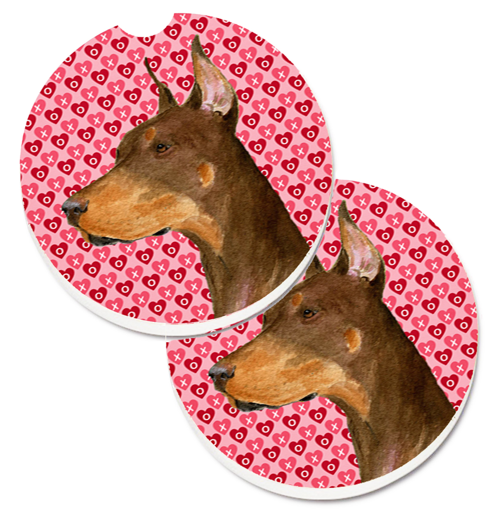 Doberman Hearts Love & Valentines Day Portrait Set of 2 Cup Holder Car Coaster