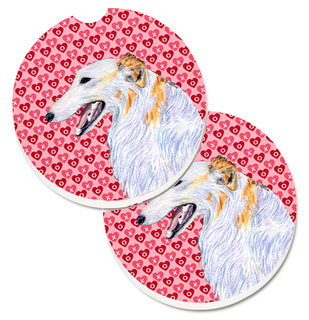 SS4475CARC Borzoi Hearts Love & Valentines Day Portrait Set of 2 Cup Holder Car Coaster