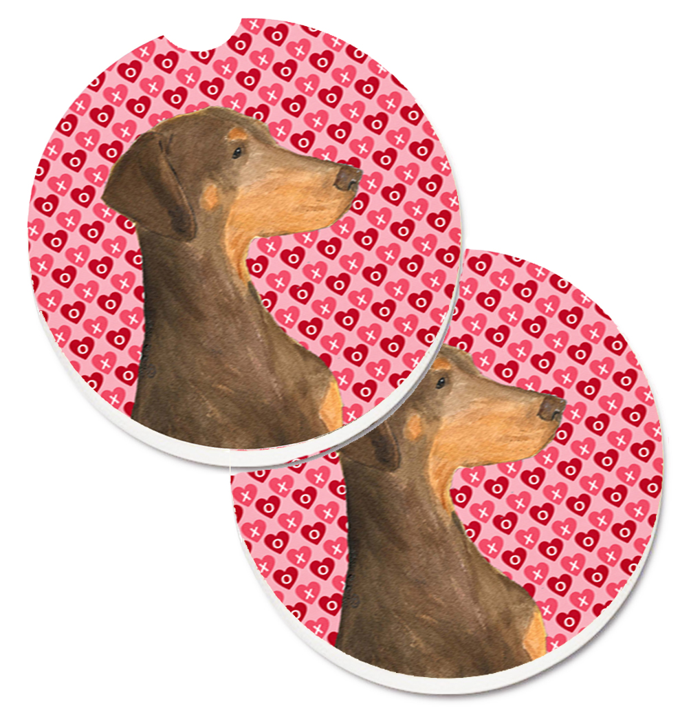 Doberman Hearts Love & Valentines Day Portrait Set of 2 Cup Holder Car Coaster