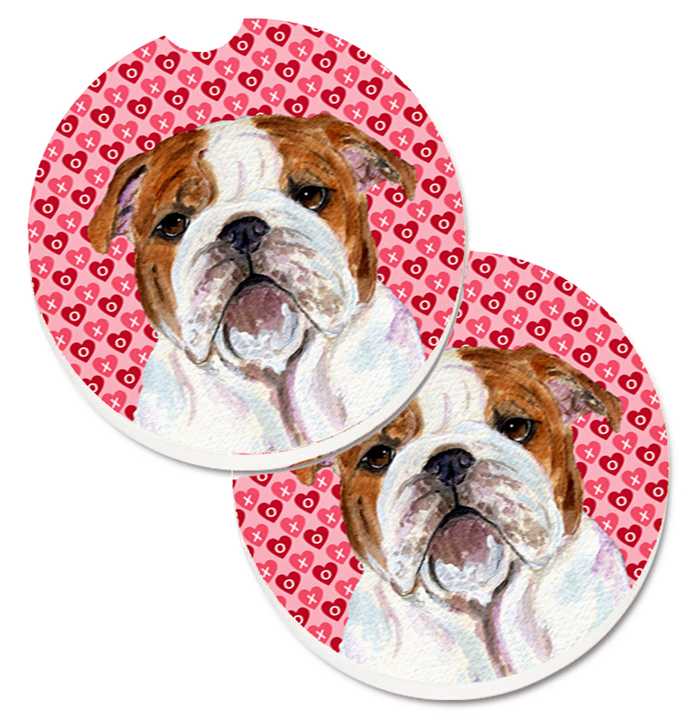 Bulldog English Hearts Love Valentines Day Set of 2 Cup Holder Car Coaster