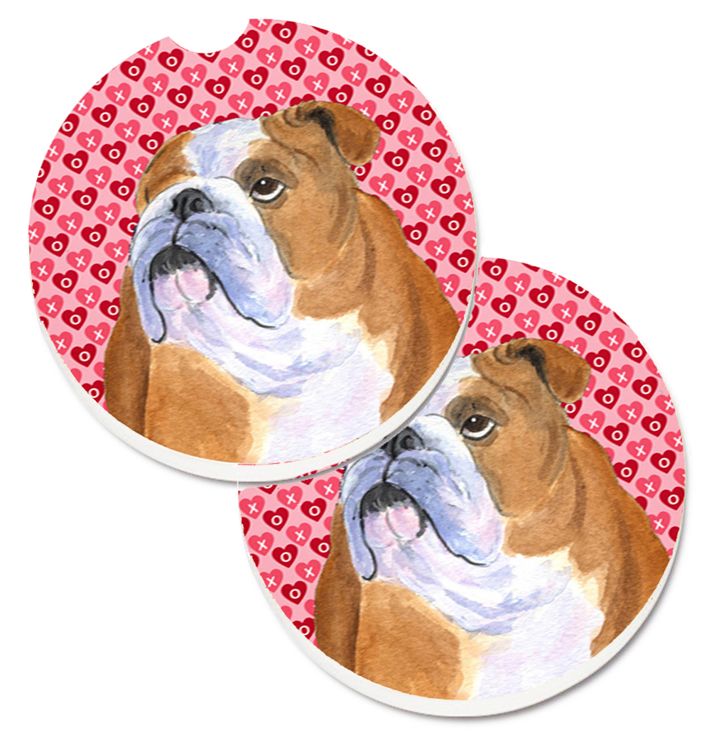 SS4491CARC Bulldog English Hearts Love Valentines Day Set of 2 Cup Holder Car Coaster