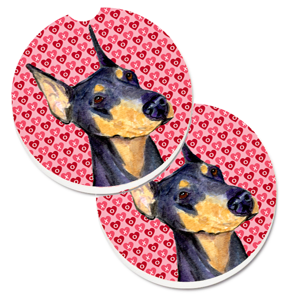 SS4495CARC Doberman Hearts Love & Valentines Day Portrait Set of 2 Cup Holder Car Coaster