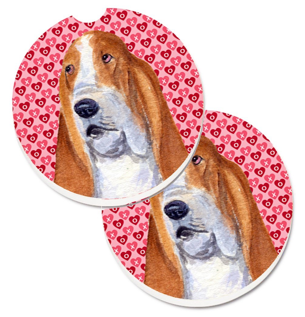 SS4528CARC Basset Hound Hearts Love & Valentines Day Portrait Set of 2 Cup Holder Car Coaster