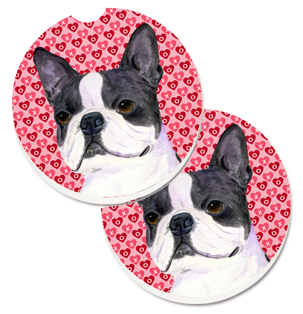 SS4516CARC Boston Terrier Hearts Love Valentines Day Set of 2 Cup Holder Car Coaster