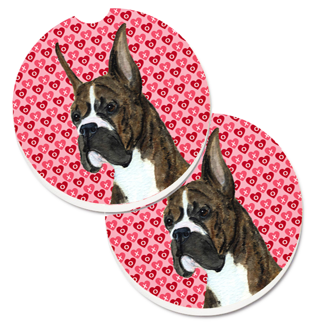 Boxer Hearts Love & Valentines Day Portrait Set of 2 Cup Holder Car Coaster