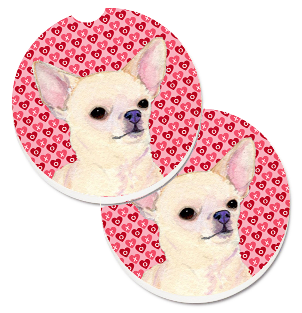 Chihuahua Hearts Love & Valentines Day Portrait Set of 2 Cup Holder Car Coaster