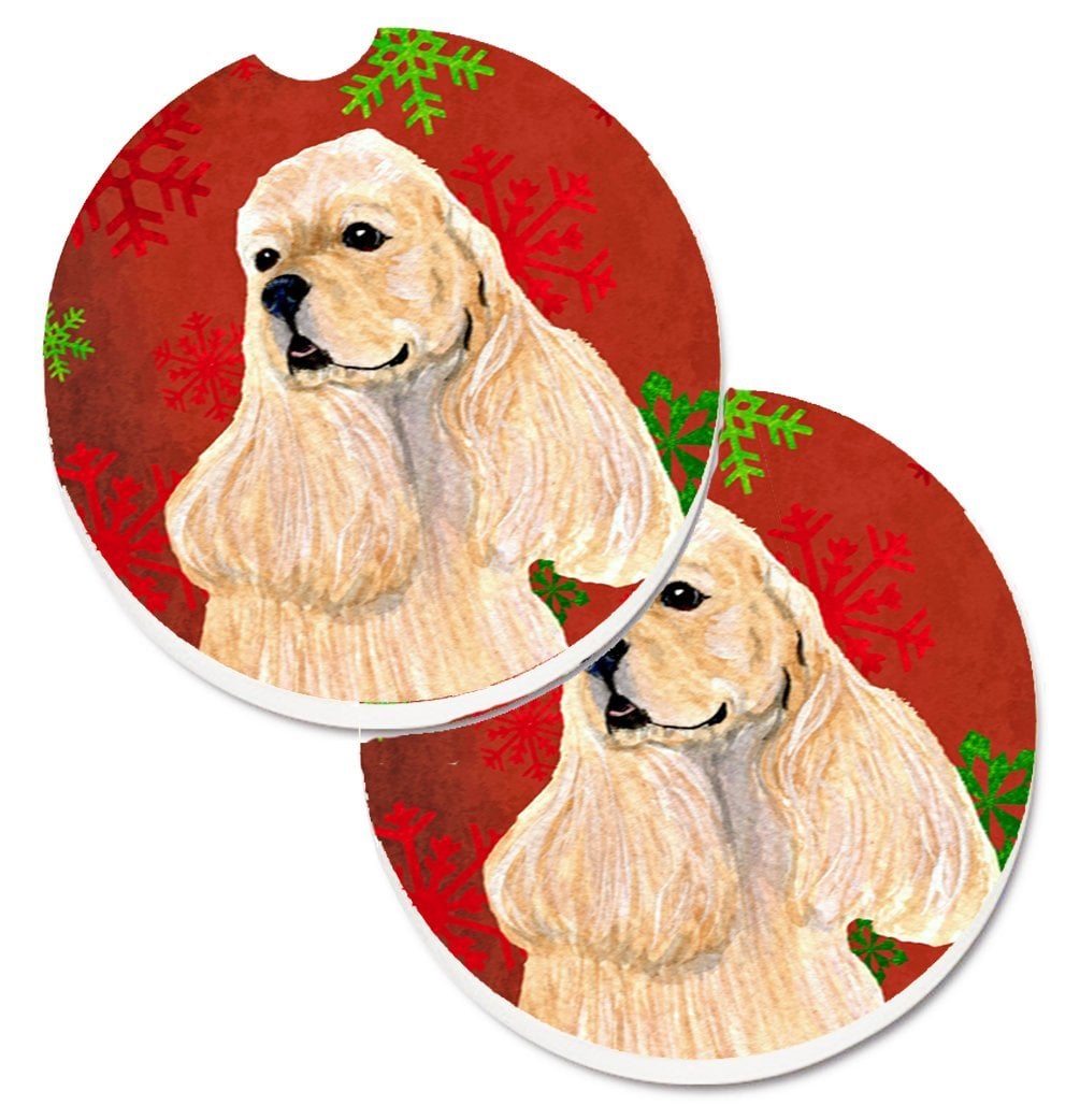 SS4729CARC Buff Cocker Spaniel Red & Green Snowflakes Christmas Set of 2 Cup Holder Car Coaster