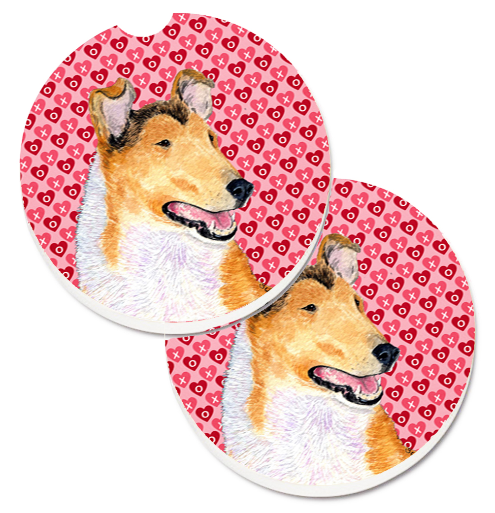 SS4470CARC Collie Smooth Hearts Love & Valentines Day Portrait Set of 2 Cup Holder Car Coaster