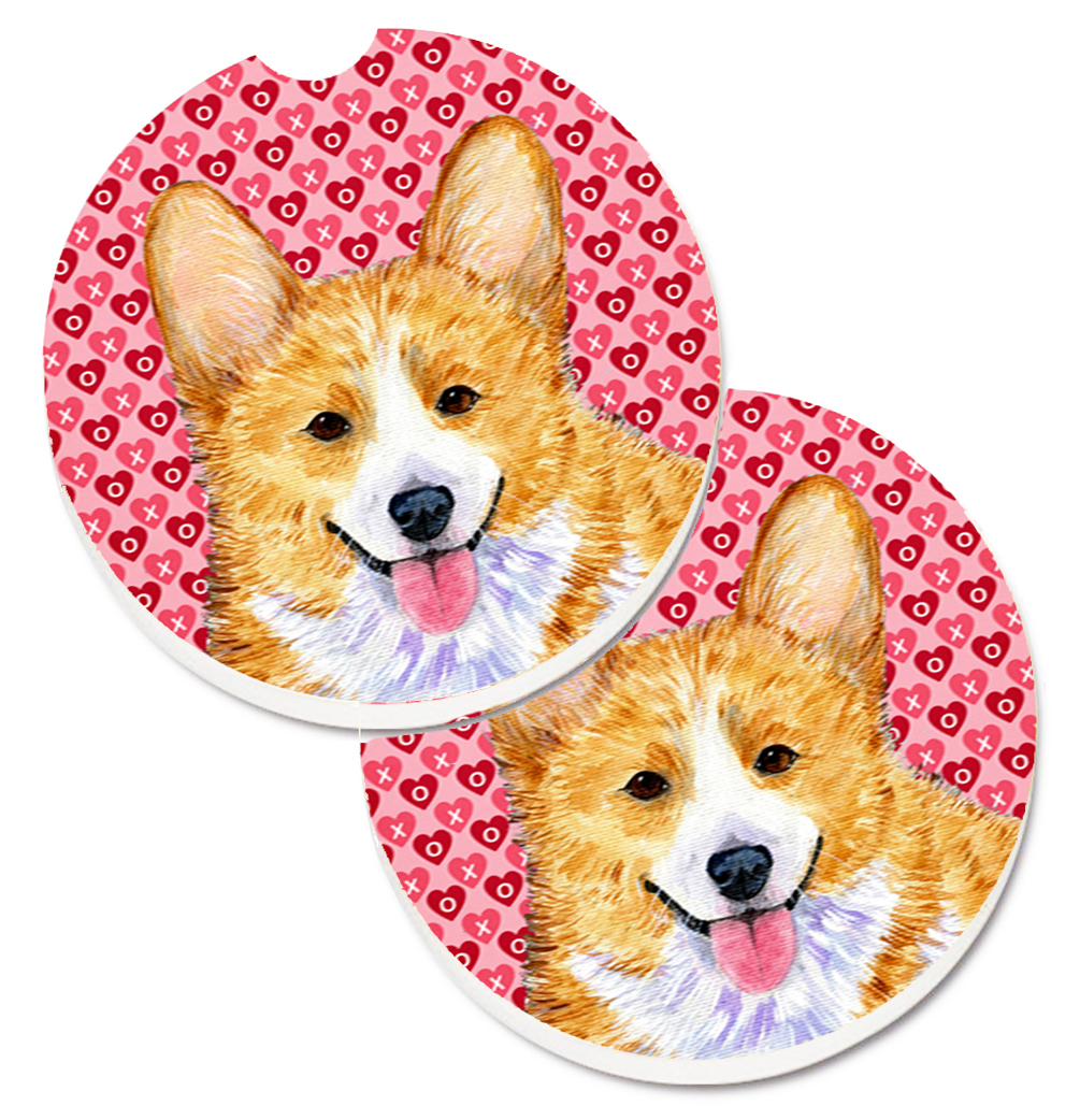 SS4486CARC Corgi Hearts Love & Valentines Day Portrait Set of 2 Cup Holder Car Coaster