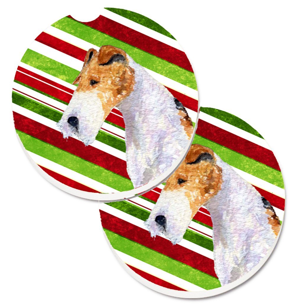 Fox Terrier Candy Cane Holiday Christmas Set of 2 Cup Holder Car Coaster
