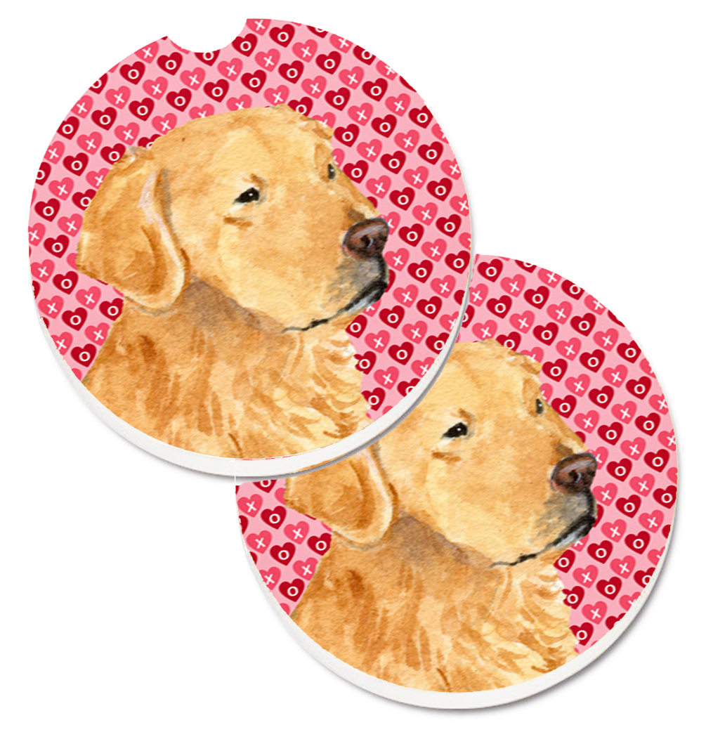 SS4476CARC Golden Retriever Hearts Love Valentines Day Set of 2 Cup Holder Car Coaster