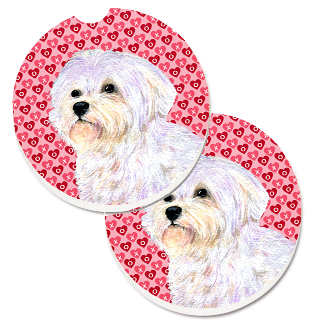 SS4481CARC Maltese Hearts Love & Valentines Day Portrait Set of 2 Cup Holder Car Coaster