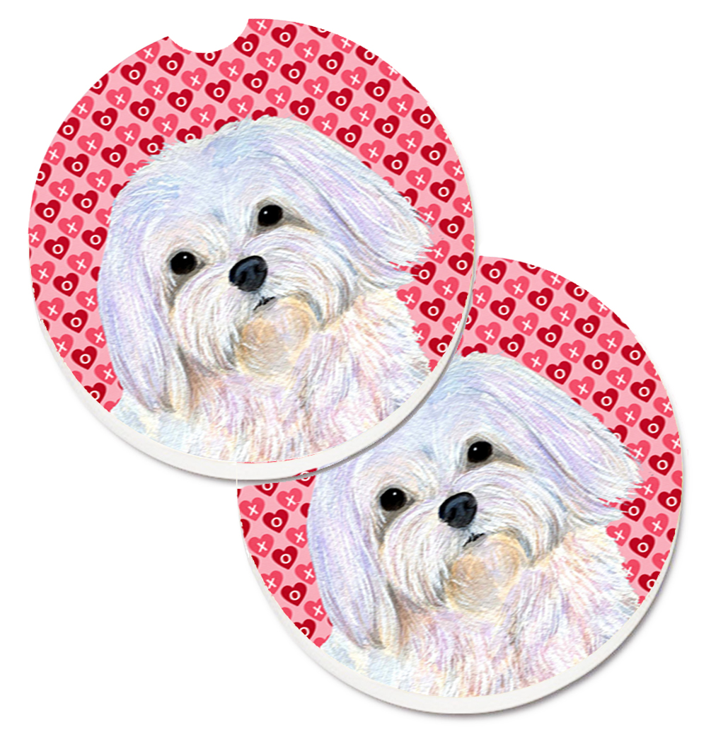SS4482CARC Maltese Hearts Love & Valentines Day Portrait Set of 2 Cup Holder Car Coaster