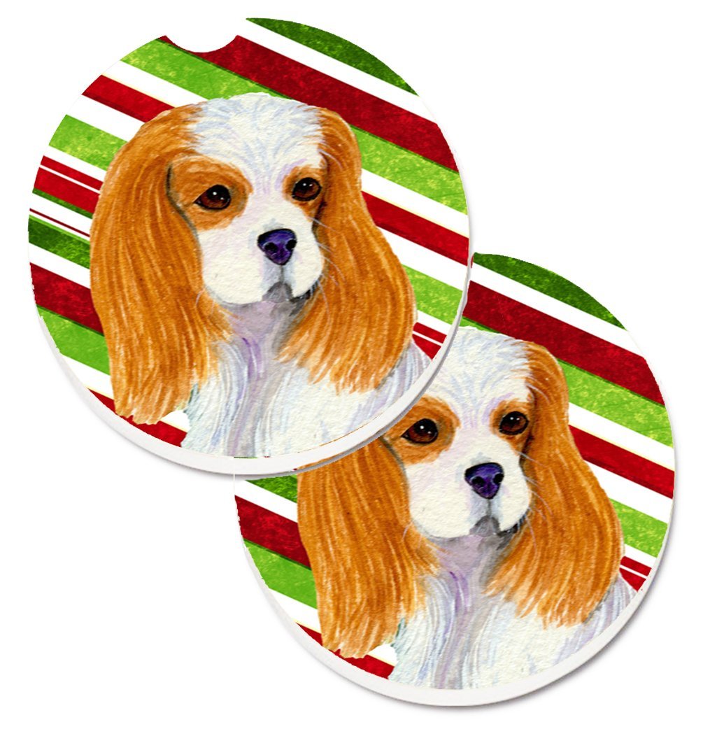 SS4596CARC Cavalier Spaniel Candy Cane Holiday Christmas Set of 2 Cup Holder Car Coaster