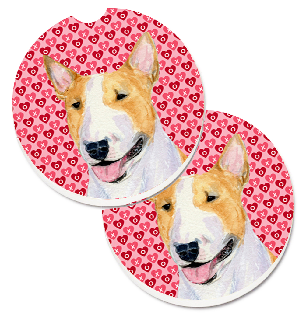 SS4496CARC Bull Terrier Hearts Love & Valentines Day Portrait Set of 2 Cup Holder Car Coaster