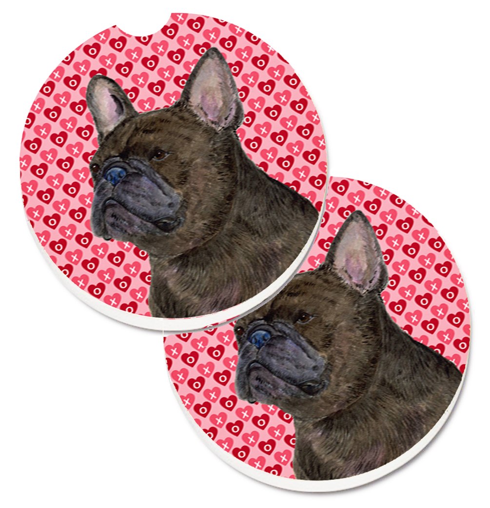 SS4519CARC French Bulldog Hearts Love & Valentines Day Portrait Set of 2 Cup Holder Car Coaster