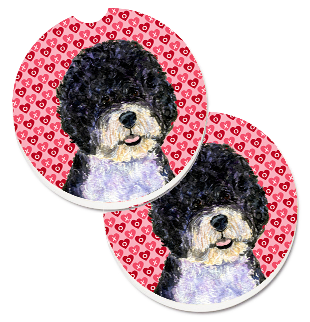 SS4490CARC Portuguese Water Dog Hearts Love Valentines Day Set of 2 Cup Holder Car Coaster