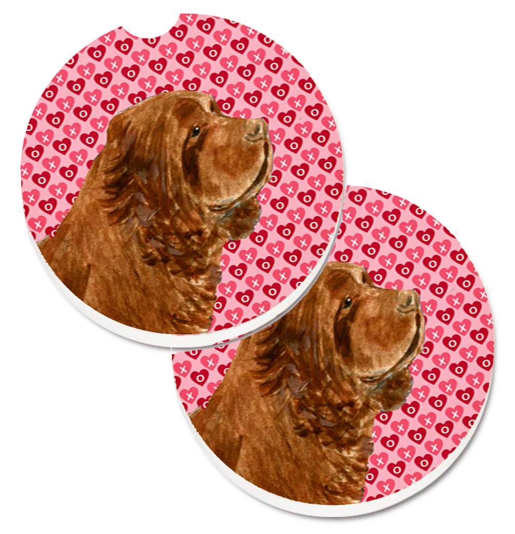 SS4510CARC Sussex Spaniel Hearts Love Valentines Day Set of 2 Cup Holder Car Coaster