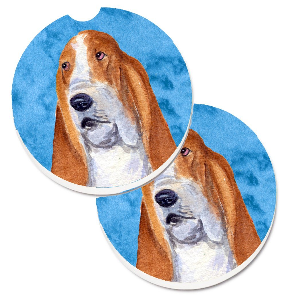 SS4804-BUCARC Blue Basset Hound Set of 2 Cup Holder Car Coaster