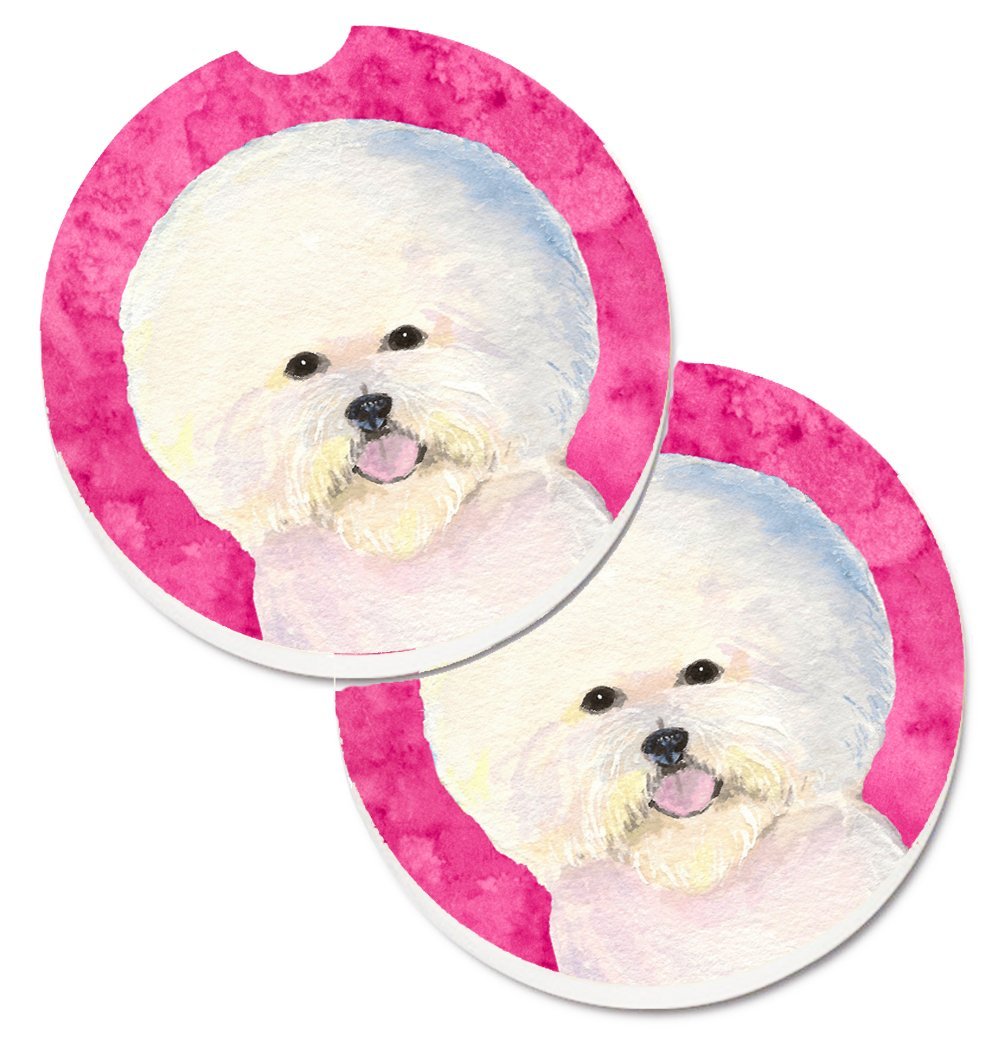 Pink Bichon Frise Set of 2 Cup Holder Car Coaster
