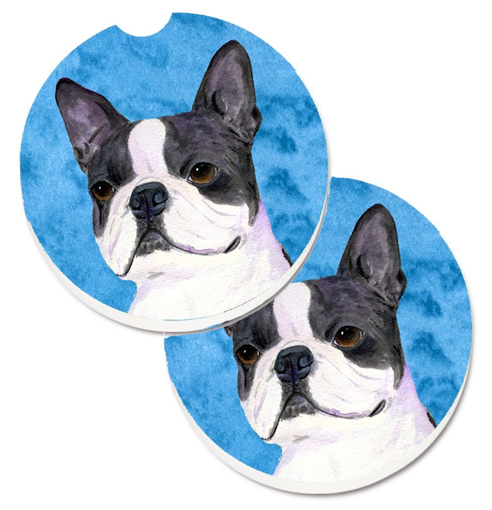 SS4792-BUCARC Blue Boston Terrier Set of 2 Cup Holder Car Coaster