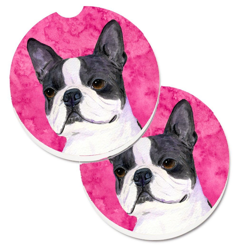 SS4792-PKCARC Pink Boston Terrier Set of 2 Cup Holder Car Coaster
