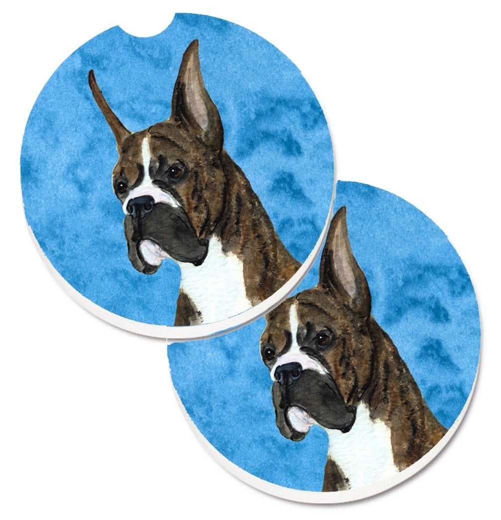 Blue Brindle Cropped Eared Boxer Set of 2 Cup Holder Car Coaster