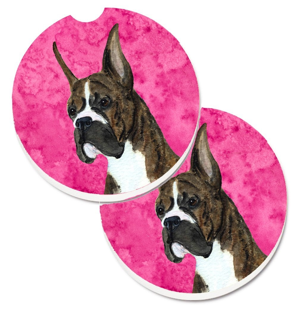 Pink Brindle Cropped Eared Boxer Set of 2 Cup Holder Car Coaster