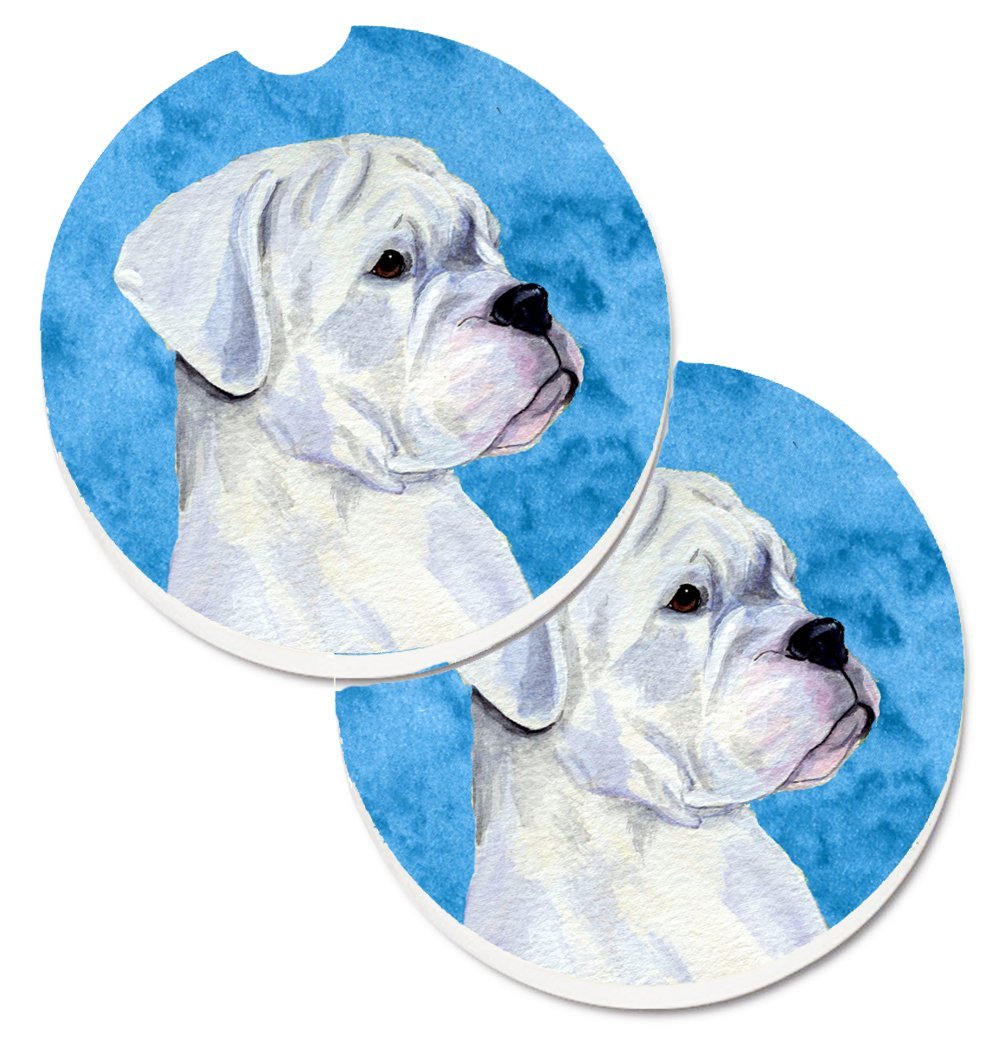 Blue & White Natural Eared Boxer Set of 2 Cup Holder Car Coaster