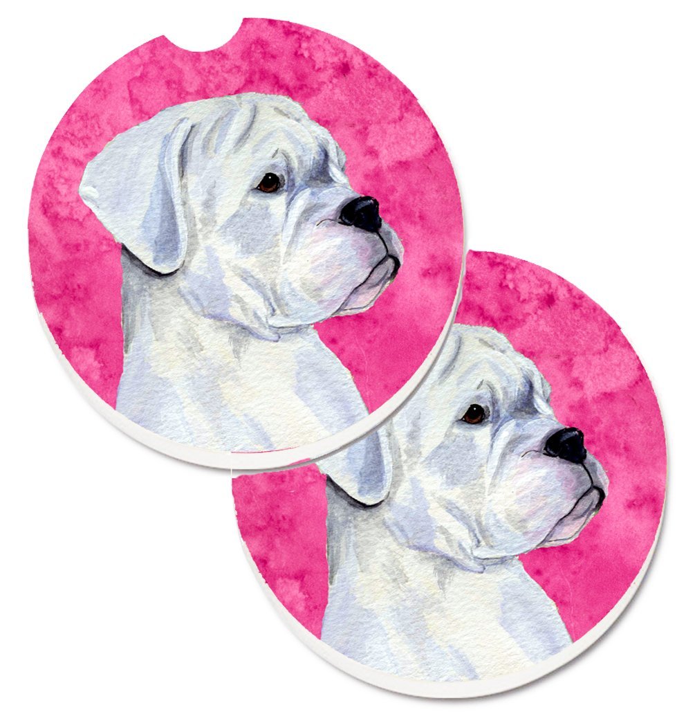 SS4785-PKCARC Pink White Natural Eared Boxer Set of 2 Cup Holder Car Coaster