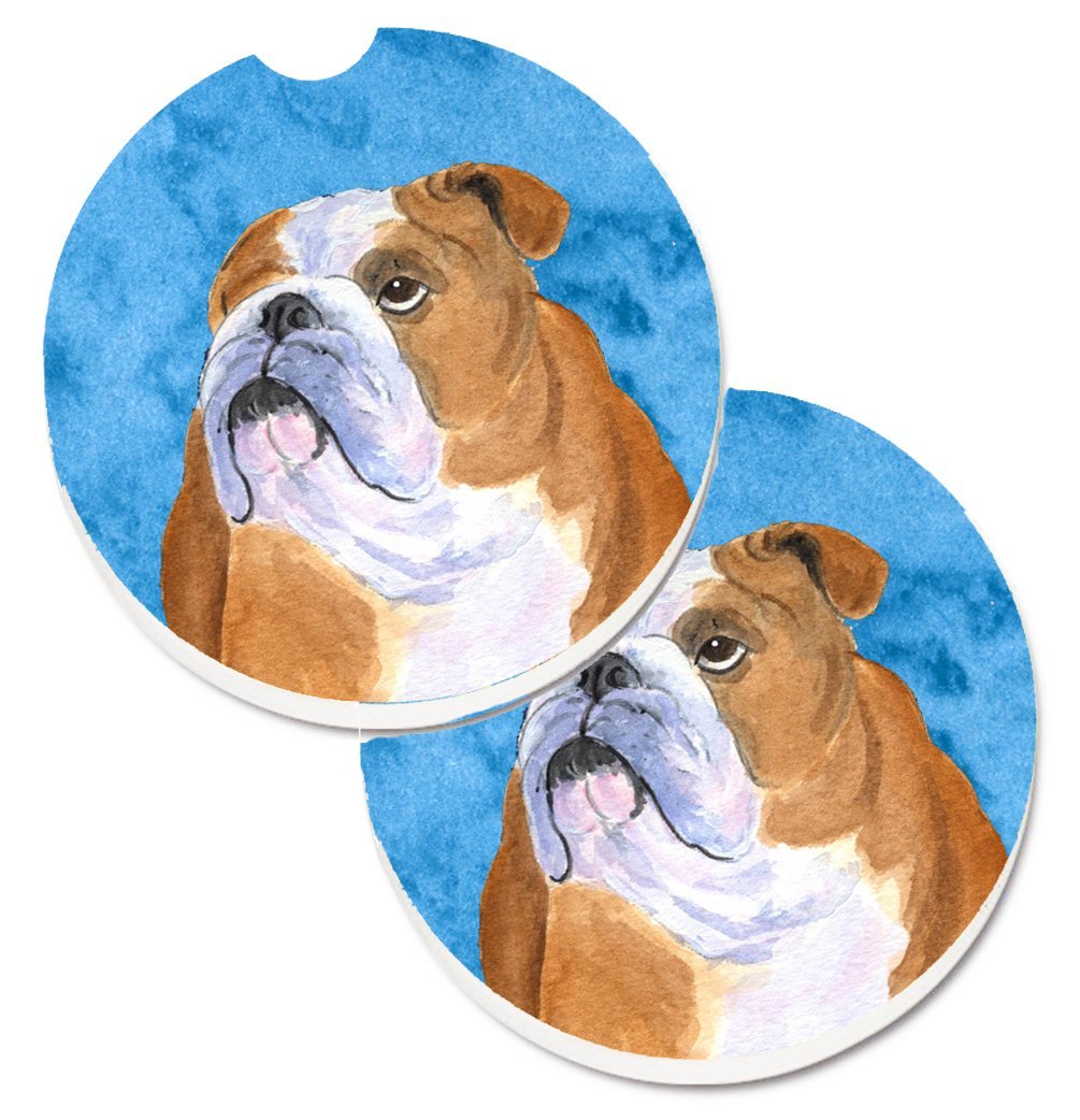SS4767-BUCARC Blue English Bulldog Set of 2 Cup Holder Car Coaster