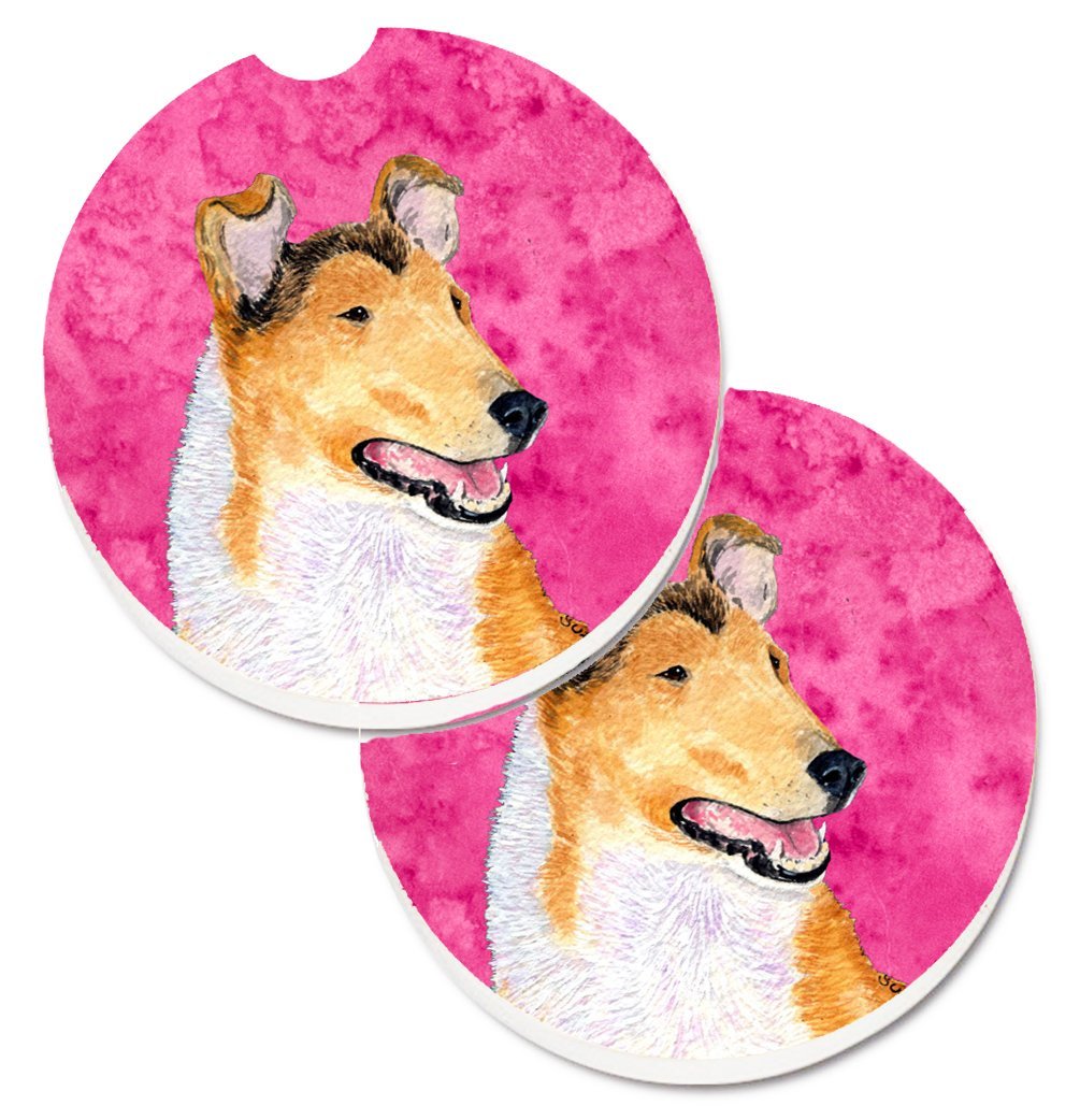 Pink Smooth Collie Set of 2 Cup Holder Car Coaster