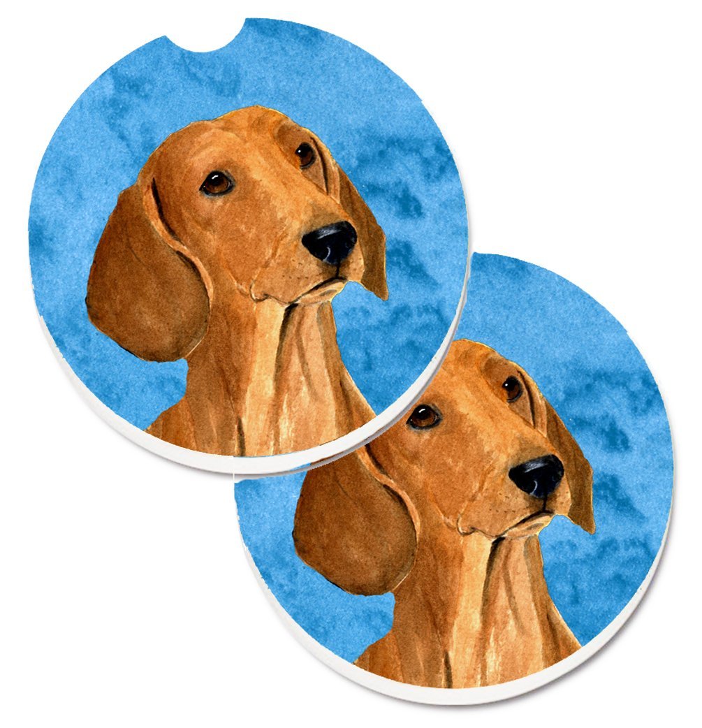 Blue Red Smooth Dachshund Set of 2 Cup Holder Car Coaster