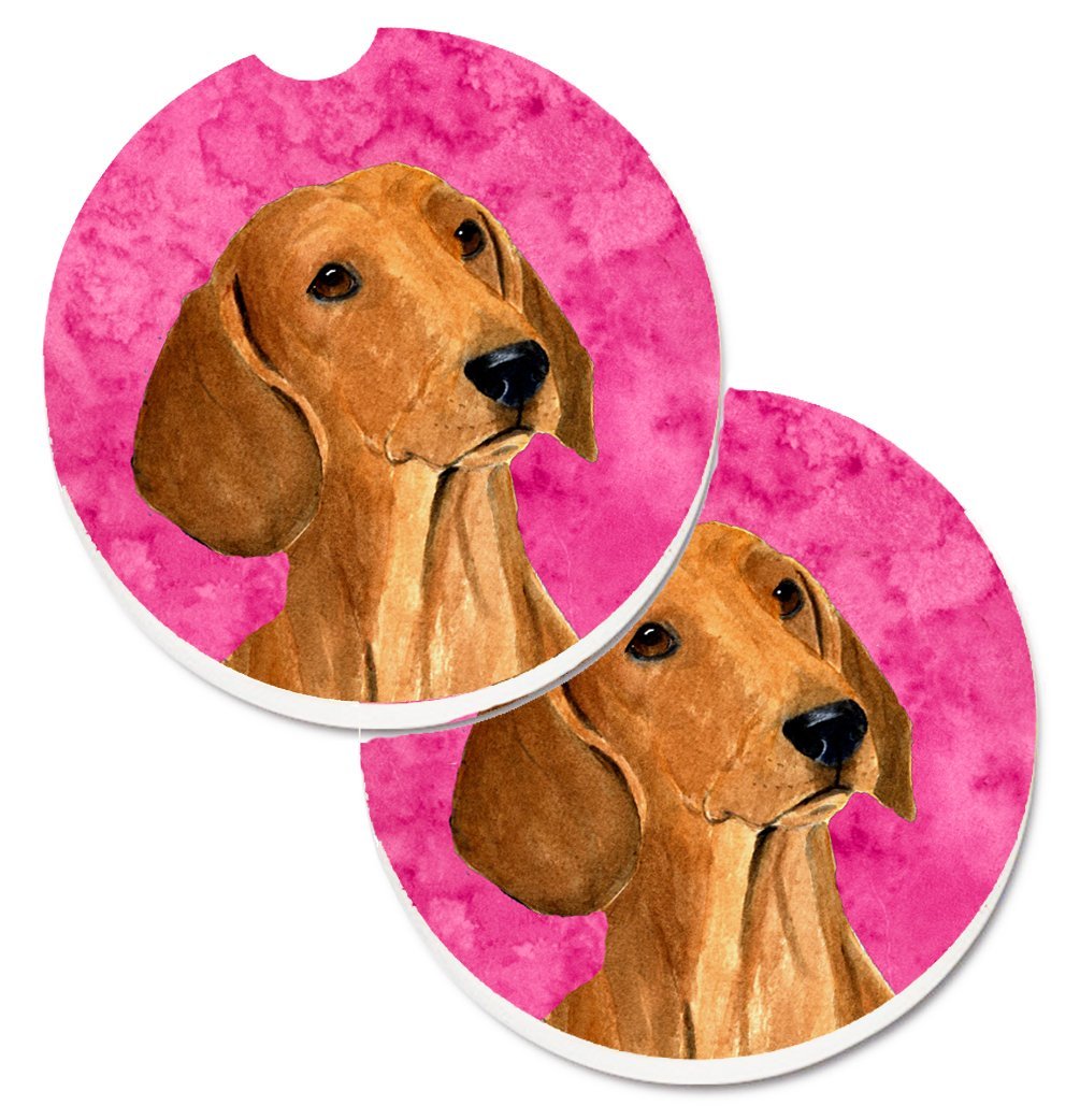 Pink Red Smooth Dachshund Set of 2 Cup Holder Car Coaster - Pink