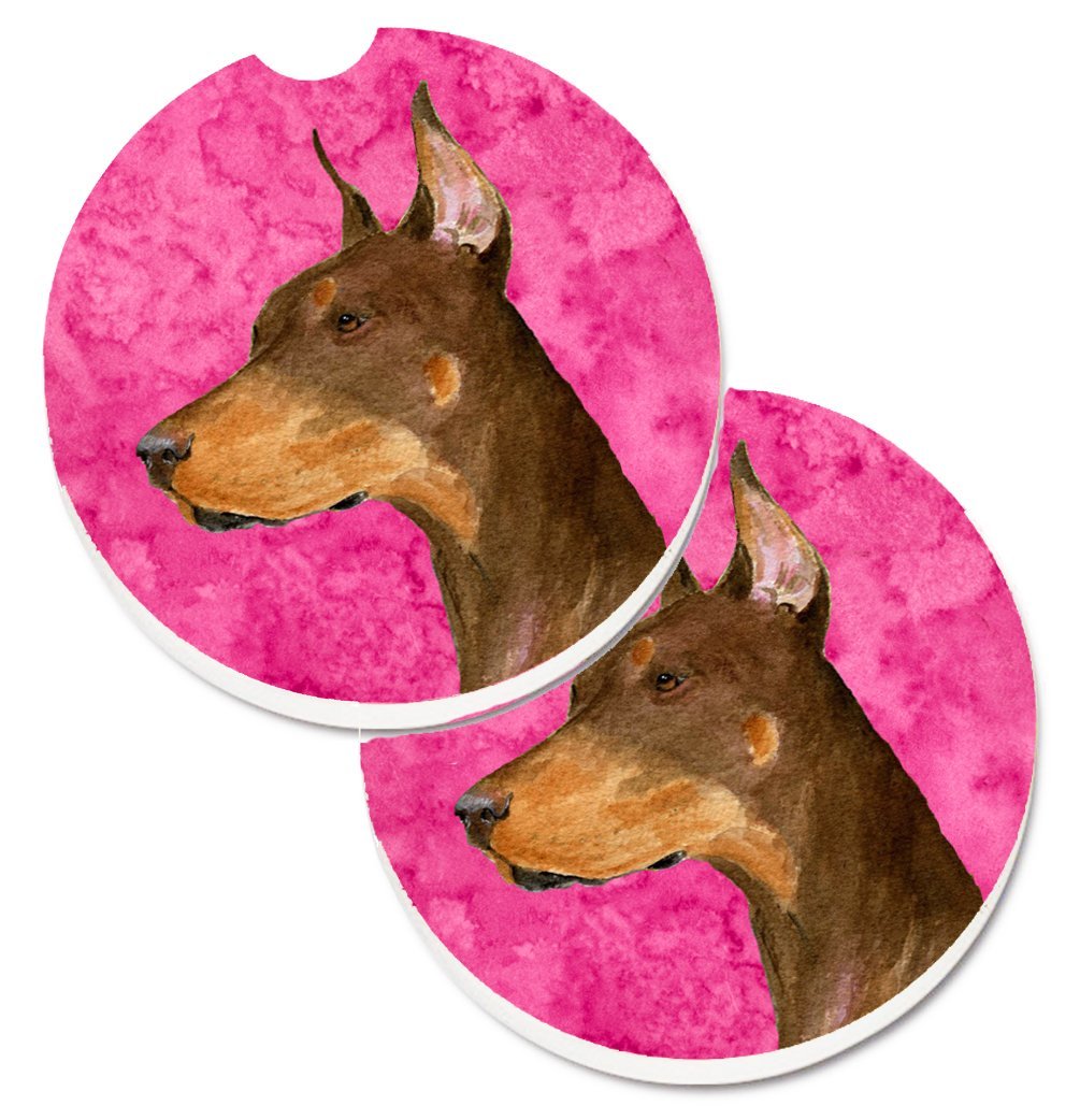 Pink Doberman Set of 2 Cup Holder Car Coaster