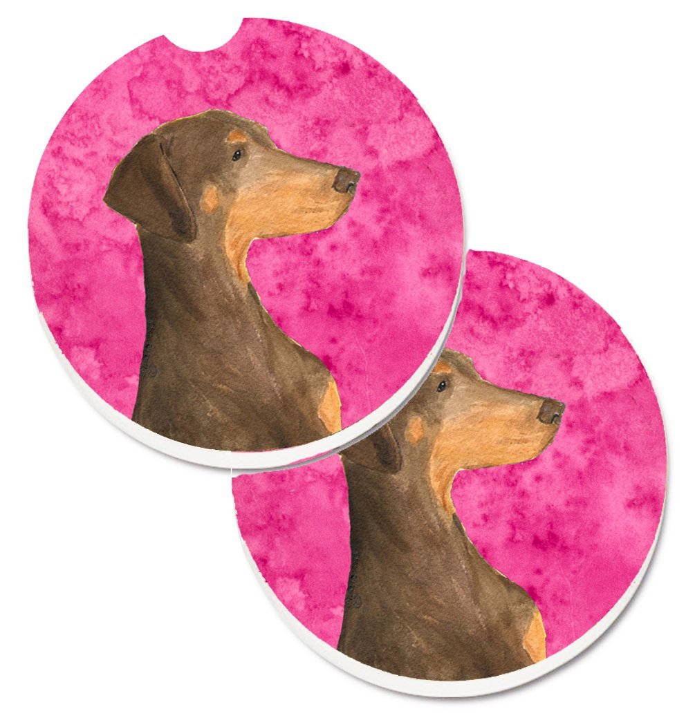 Pink Doberman Set of 2 Cup Holder Car Coaster