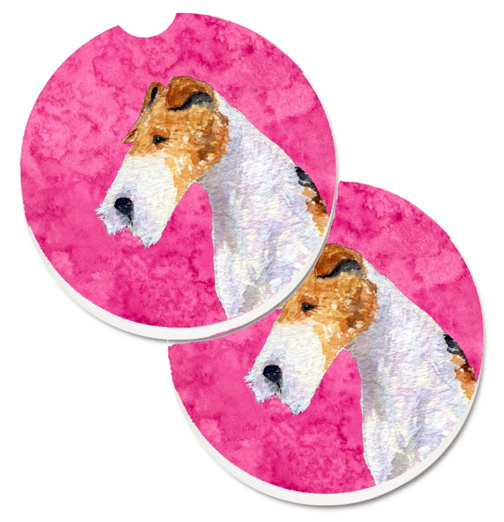 SS4754-PKCARC Pink Wire Fox Terrier Set of 2 Cup Holder Car Coaster
